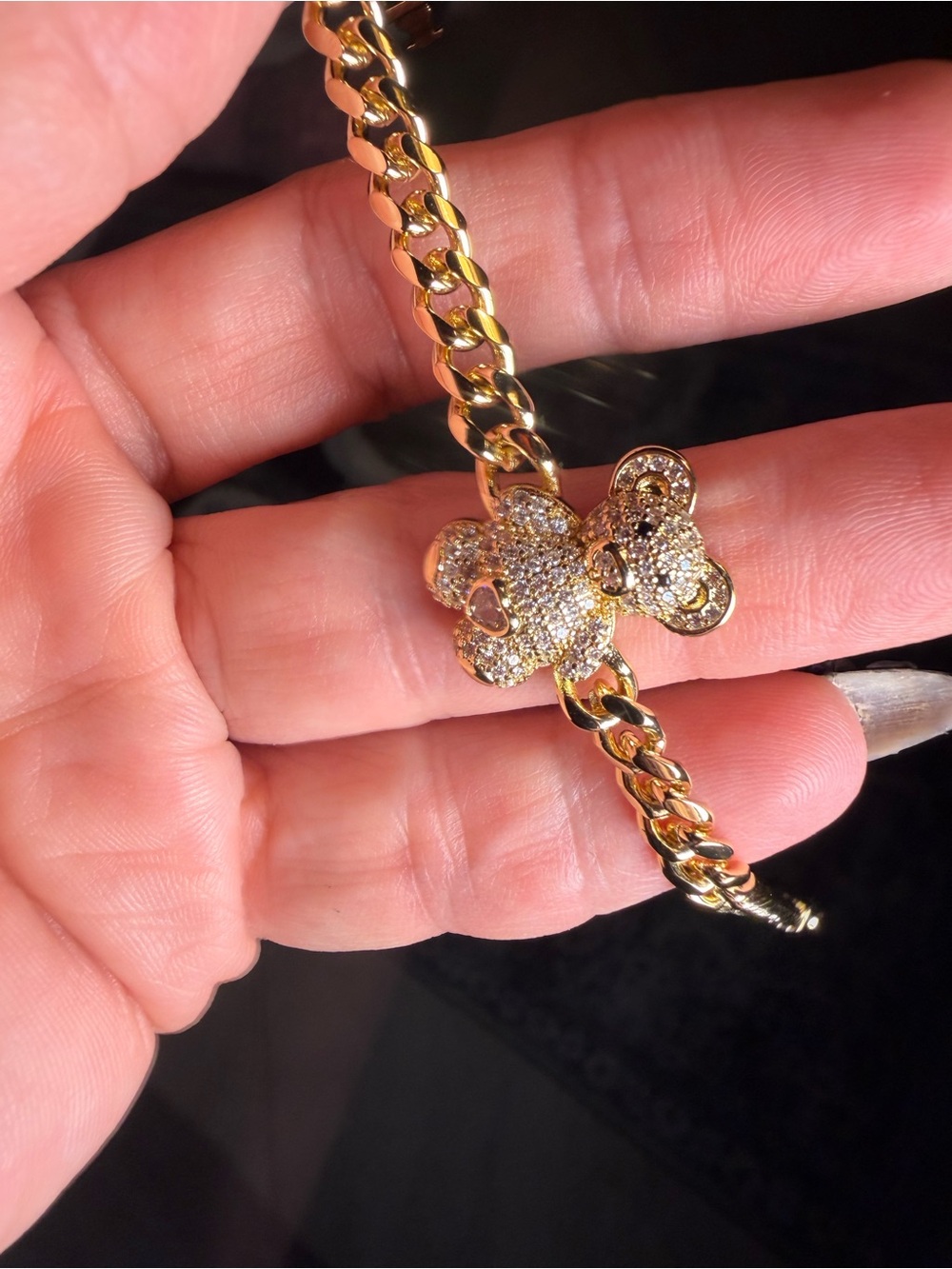 18K Gold Filled Teddy Bear Bracelet AAA CZ Cuban Link 7.25”